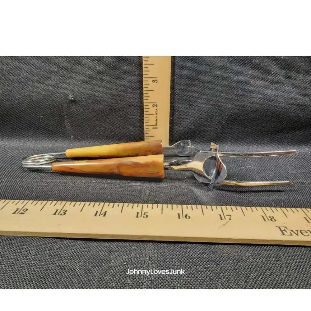 Vintage Carving Butterscotch Bakelite Handle Steel Meat Fork Server